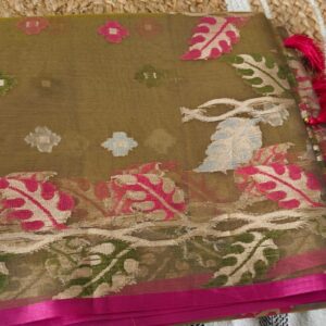 🤎 Olive Brown Organza Saree with Jamdhani Weaving, Designer Leaf Border & Tassel Pallu