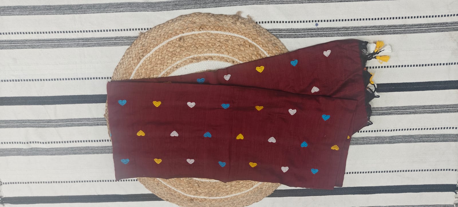 🤎 Maroon Mul Cotton Saree with Multicolor Heart Embroidery and Tassel Pallu