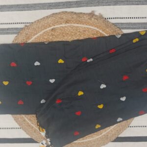🖤 Black Mul Cotton Saree with Multicolor Heart Embroidery and Tassel Pallu