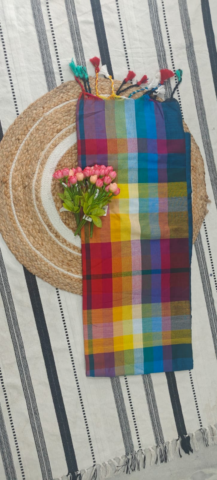 Multicolor Checks Mul Cotton Saree with Tassels
