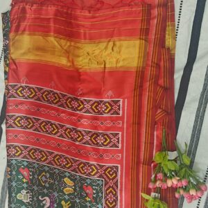 Green Semi Patola Silk Saree with Red Border & Traditional Ikat Pallu