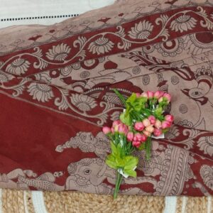 🤎 Maroon Kota Cotton Saree with Traditional Kalamkari Print