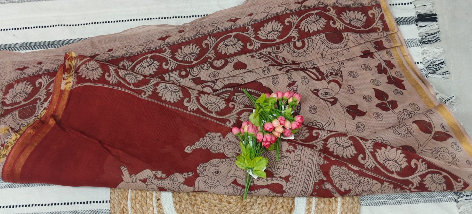 🤎 Maroon Kota Cotton Saree with Traditional Kalamkari Print