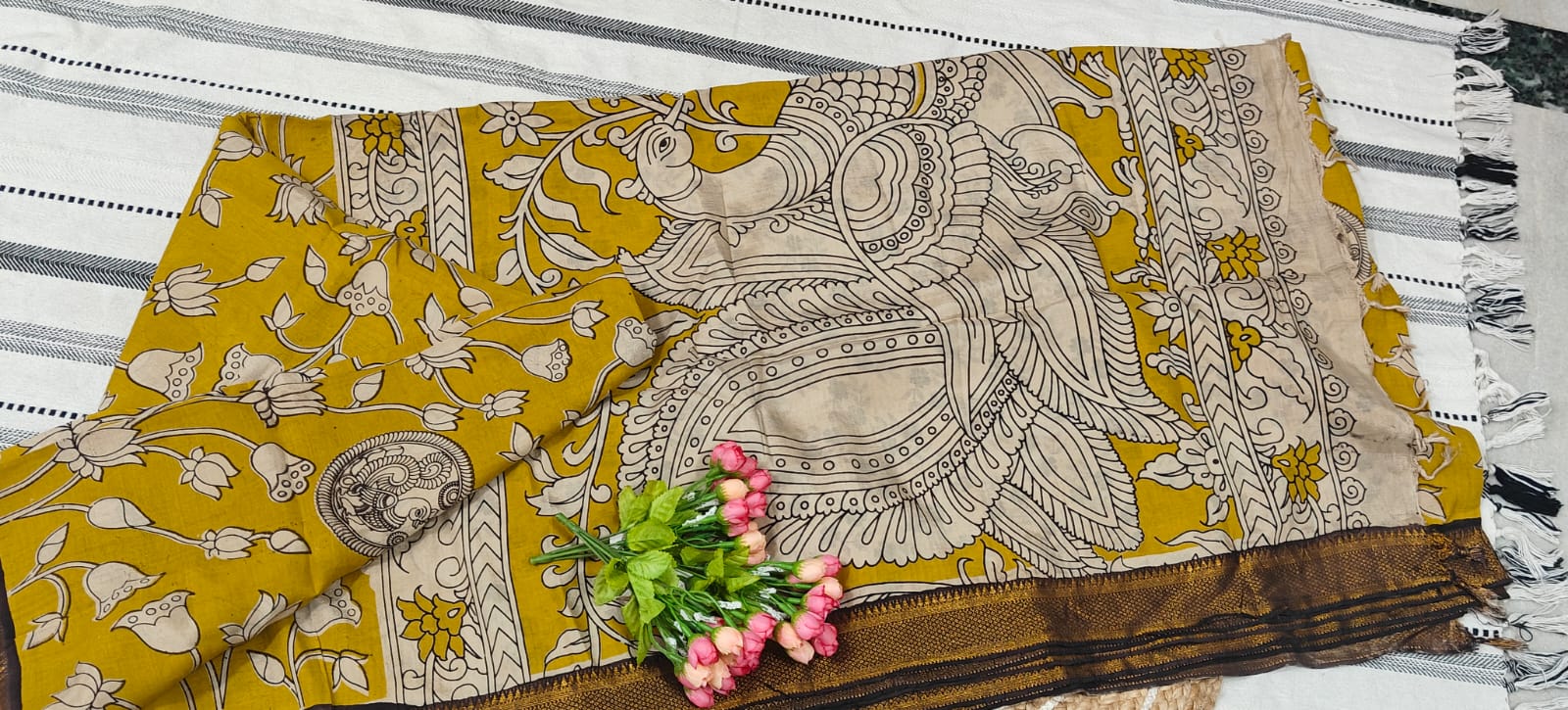 ๐ Mustard Kalamkari Chennur Silk Saree with Nizam Border and Traditional Peacock Print Pallu - Image 2