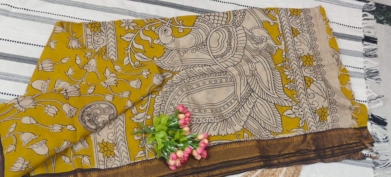 ๐ Mustard Kalamkari Chennur Silk Saree with Nizam Border and Traditional Peacock Print Pallu - Image 3