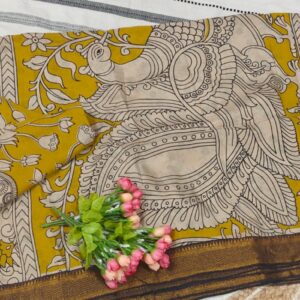 💛 Mustard Kalamkari Chennur Silk Saree with Nizam Border and Traditional Peacock Print Pallu