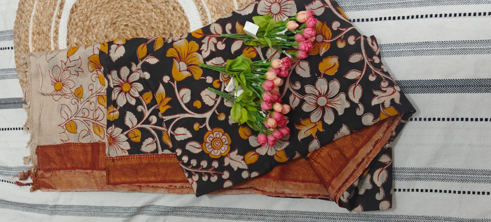 ๐ค Kalamkari Chennur Silk Saree with Nizam Border and Floral Print Pallu