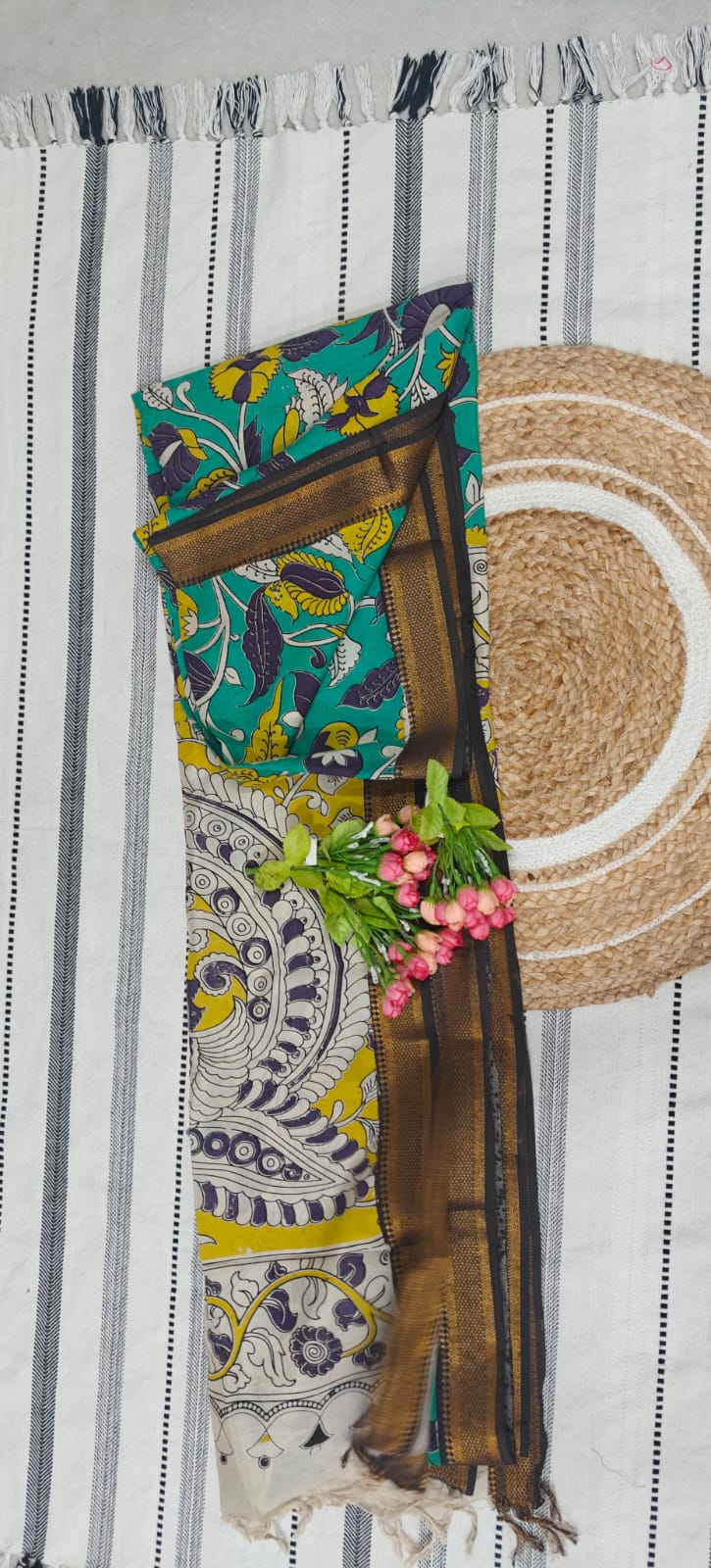 Turquoise Kalamkari Chennur Silk Saree with Zari Border - Image 4