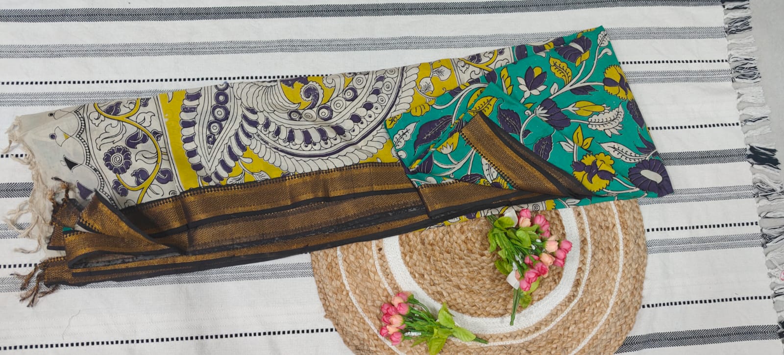 Turquoise Kalamkari Chennur Silk Saree with Zari Border - Image 2