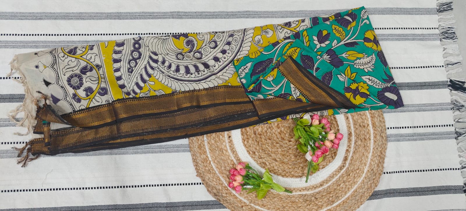Turquoise Kalamkari Chennur Silk Saree with Zari Border