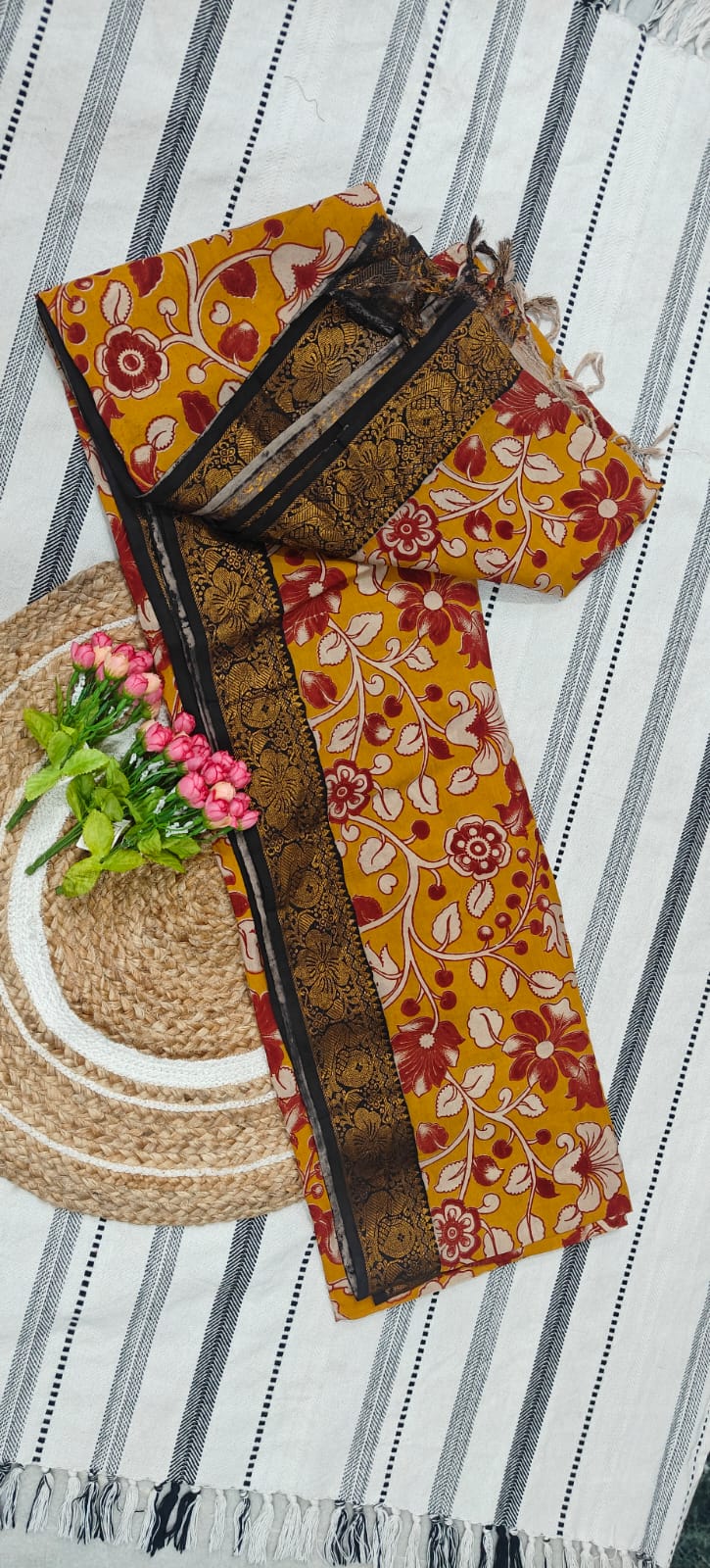 Mustard Floral Kalamkari Chennur Silk Saree with Zari Border