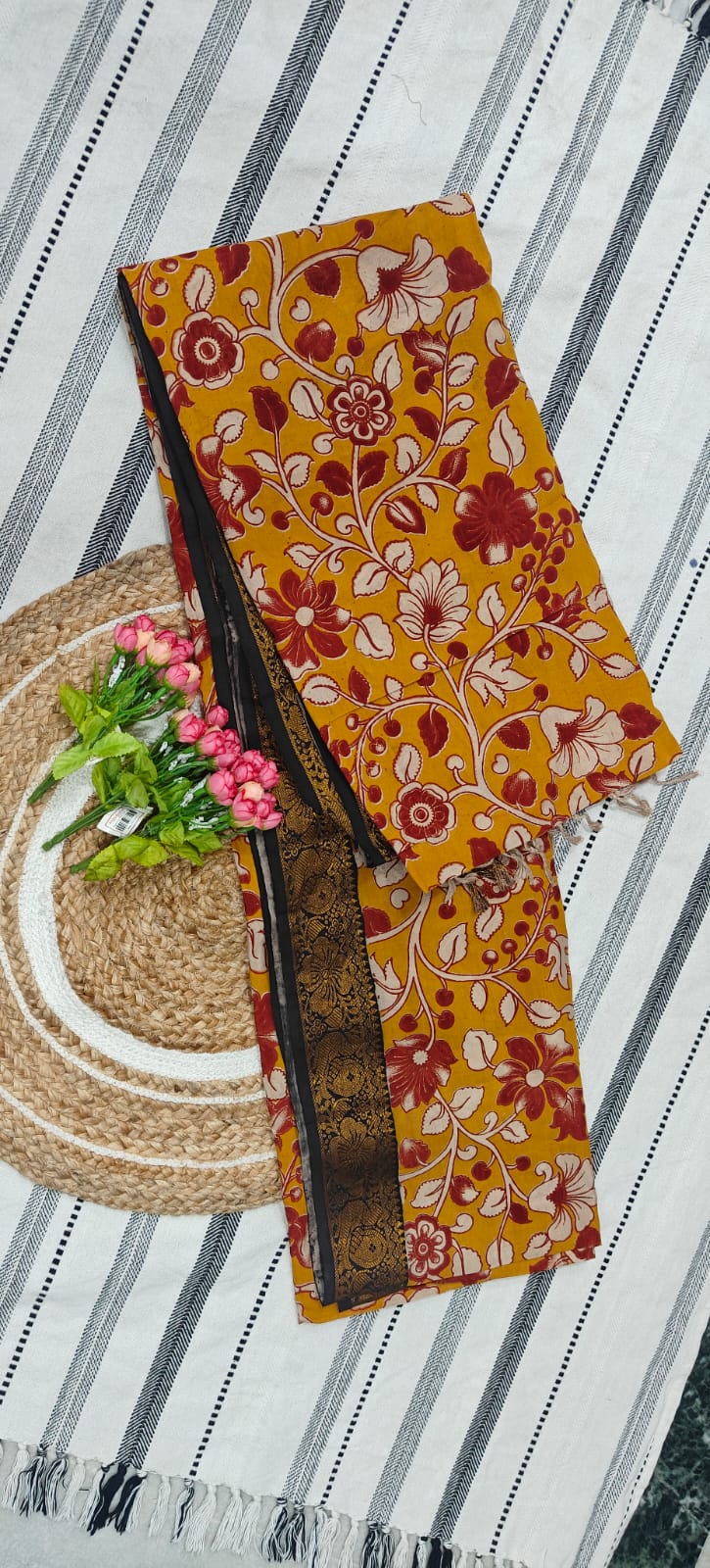 Mustard Floral Kalamkari Chennur Silk Saree with Zari Border - Image 2