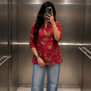 🌺 Crimson Bloom Cotton Short Top