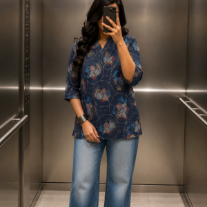 Steel Blue Floral Printed Cotton Short Top