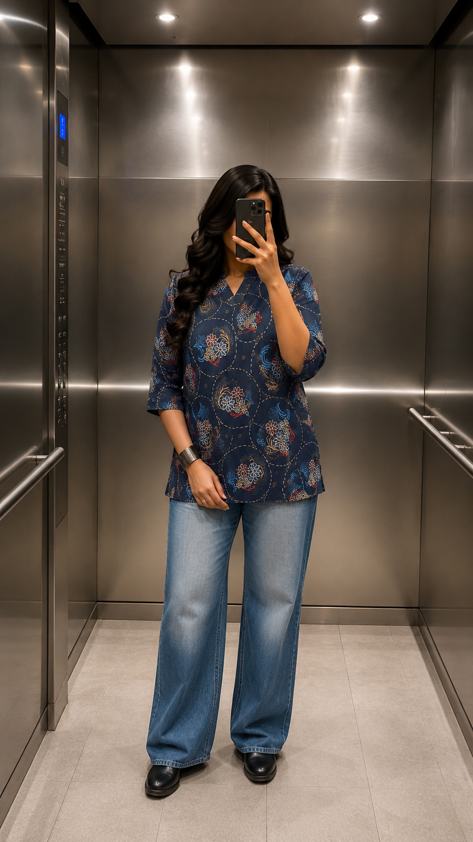 Steel Blue Floral Printed Cotton Short Top