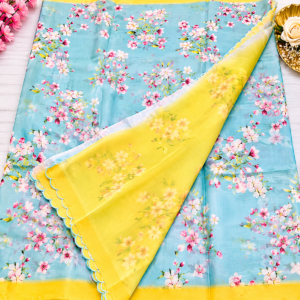 Sky Blue Handloom Mangalagiri Pattu Saree with Digital Floral Prints & Scallop Border